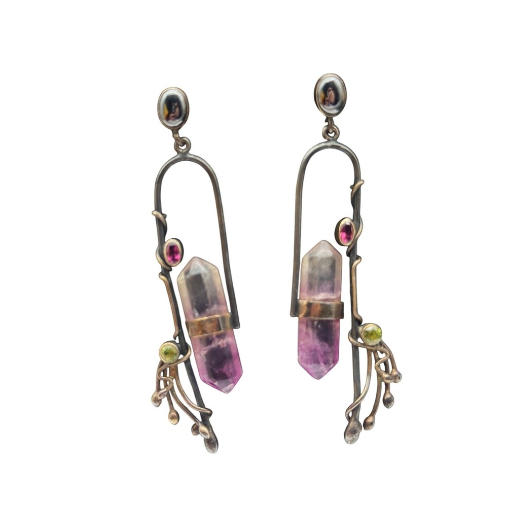 vtg 80s Michou  Amethyst Crystal Drop Earrings 925 Sterling Silver Modernist